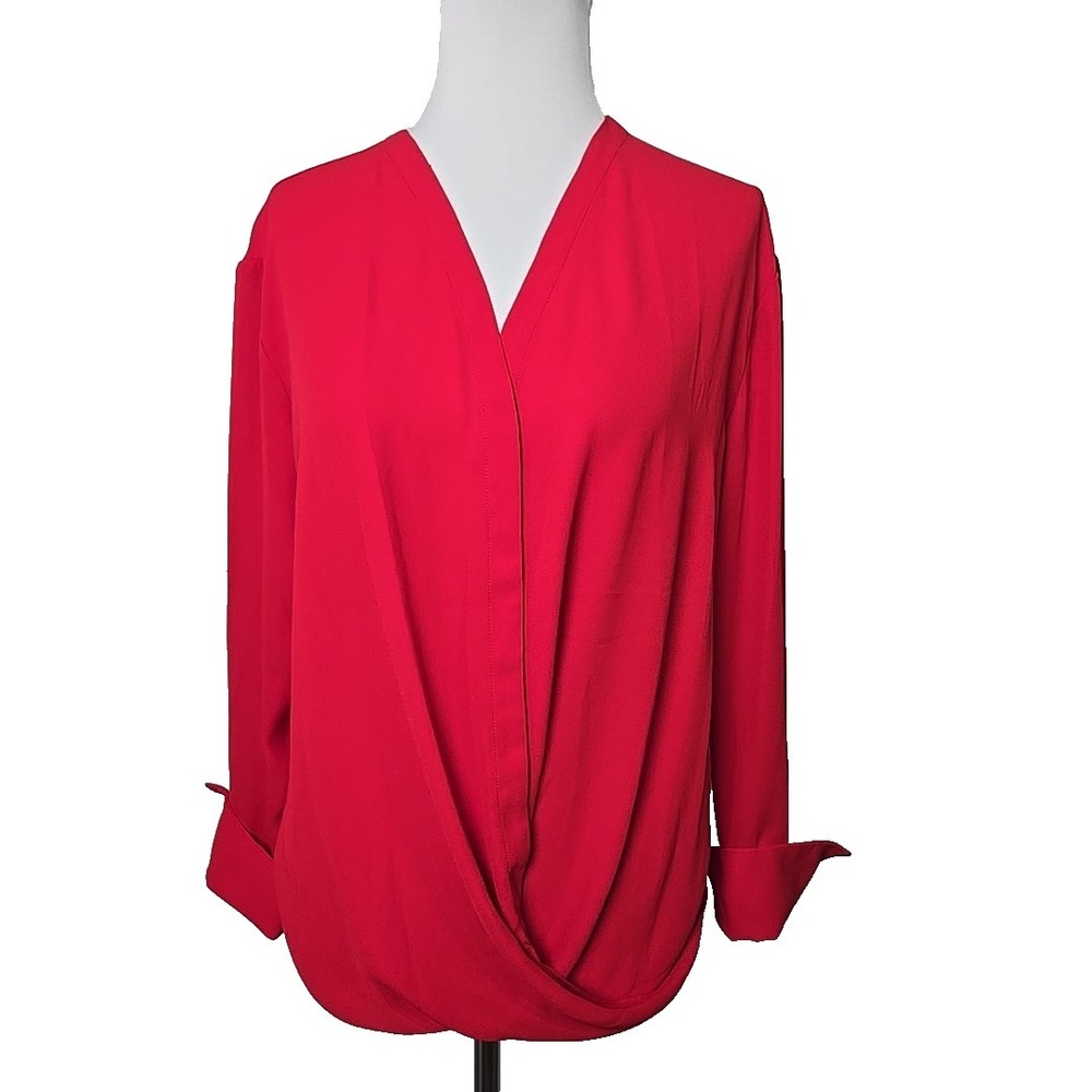 Chelsea28 Red Chiffon Long Sleeve Hidden‎ Button Faux Wrap Blouse Size Small